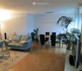 A modern living room with a light blue sofa, a glass coffee table, a dining table with chairs, a large screen, and a tall plant in the corner.