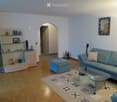 Living room with light blue sofa, ottoman, glass coffee table, wooden floor, shelves, and a decorative rug with Roman numerals.