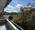 Balcony with metal railing overlooking a lush, green landscape and a body of water in the distance.