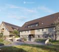 Two-story house, brown roof, solar panels, balconies, parking, bicycles, garden, car