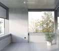 Minimalist unfurnished room with large windows, white walls, and a single potted plant. The space is clean and open with a modern aesthetic.