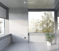 Minimalist unfurnished room with large windows, white walls, and a single potted plant. The space is clean and open, with a view of trees outside.