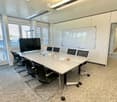Modern conference room with a long white table, black chairs, a large screen, whiteboard, and a potted plant near the window.