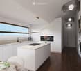 Modern kitchen with white cabinets, marble countertops, built-in appliances, and a central island with a sink and stove. Features include a mixer, coffee maker, vase with flowers, and a hanging pendant light.