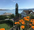 Garden with orange flowers and lavender, overlooking a lake with a docked boat and distant mountains.