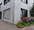 Modern grey building with large windows, a door, and a sign reading AUTO EGI. The entrance is flanked by colorful flower beds and shrubs.