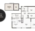 Floor plan of a high-parterred apartment with living room, kitchen, two bedrooms, bathroom, hallway, entrance, and terrace.