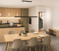 Modern kitchen and dining area with wooden cabinets, a central island, and a dining table surrounded by chairs. The space features pendant lights, a stone accent wall, and various kitchen appliances.