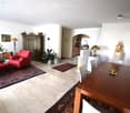 A well-furnished living and dining area with a sofa, red armchair, wooden dining table, and various decorative items including lamps, plants, and a cat tree.