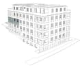 3D rendering of a multi-story building with numerous windows and a flat roof, featuring a green accent wall on one side.