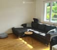 large sectional sofa, glass coffee table, potted plant, wooden floor, large windows