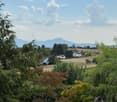 A rural landscape with scattered houses, fields, and trees, with mountains in the background.