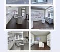Modern, minimalist interior with white furniture, wooden flooring, shelves, and a reception area.