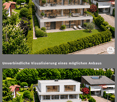 Aerial view of a modern two-story house with large windows, a balcony, and a well-maintained garden. The house features a flat roof with solar panels and is surrounded by lush greenery.