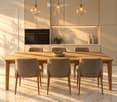 Modern kitchen with a wooden dining table, six chairs, a bowl of greenery, and built-in ovens. Light-colored cabinets and marble backsplash.