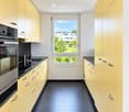 Modern kitchen with light yellow cabinets, black countertops, and dark tiled flooring. Features a window with a view of greenery and a building outside.