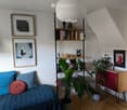 A cozy living room with a blue sofa, a tall bookshelf filled with books and decorative items, potted plants, and framed artwork on the walls.