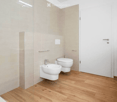 Modern bathroom with wooden flooring, white tiles, a toilet, a bidet, and a sink. Features a glass shower enclosure and a white door.