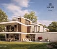 Modern two-story house with a flat roof, large windows, and a spacious outdoor area featuring a swimming pool, patio furniture, and potted plants.