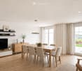 Bright, modern living and dining area with wooden flooring, large windows, and a view of the outdoors. Features a dining table with chairs, a TV on a cabinet, shelves with decorative items, and a hanging pendant light.