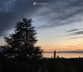 Balcony view overlooking a body of water with a tree in the foreground and distant mountains under a cloudy sky.