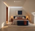 Modern bedroom with a large bed, nightstands, table lamps, a blue ottoman, and a painting on the wall. The room features wooden flooring and large windows with blinds.