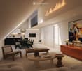 Modern living room with a sleek design, featuring a large sofa, coffee table, wooden side table, and a dining area with a black table and chairs. The space includes a chandelier, a large TV, and a cabinet with decorative items.