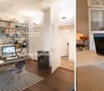 A well-furnished room with a desk, laptop, bookshelf, and fireplace. The room features wooden flooring, a striped rug, and a cozy, organized workspace.