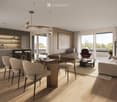 Modern living and dining area with a view, featuring a sofa, coffee table, chairs, stools, a dining table, pendant lights, and a kitchen counter.