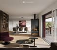 Modern living room with a sleek fireplace, comfortable seating, a dining area, and large windows offering a view of the outdoors.