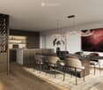 Modern kitchen and dining area with a sleek dining table, six chairs, a wine rack, a kitchen island, pendant light, and a potted plant.