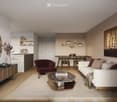Modern living room with a white sofa, coffee table, dining area, and decorative elements like a large mirror and artwork.