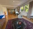 Modern living room with wooden flooring, large windows, a patterned rug, a sofa, a glass coffee table, a dining area with a table and chairs, and several potted plants.