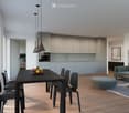 dining room, black table, 6 chairs, white walls, gray cabinetry, living room, gray sofa, black coffee table, carpet, lamp