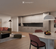 Modern living room with wooden floor, dining table, couch, open kitchen with modern appliances, lamp, carpet, paintings.