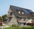 Modern 2-story house with brown roof, solar panels, multiple balconies, beige walls