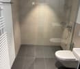 Modern bathroom with dark grey tiles, a glass-enclosed shower, a toilet, a sink, and a white towel rack.