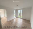 Empty room with light wooden flooring, white walls, large windows, and a sliding glass door leading to another space.