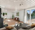 Modern living room with a fireplace, sofa, coffee table, and large windows offering natural light.
