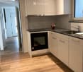 Modern kitchen with white cabinets, stainless steel sink, and black oven. Features a small flower pot on the counter and recessed lighting.
