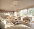 Modern living room with a large sectional sofa, coffee table, dining area with chairs and table, pendant lights, and a cat resting on an armchair. Large windows provide natural light, and a plant adds a touch of greenery.