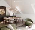 Modern, open-concept living and dining area with a slanted ceiling, large windows, and a view of the garden. Features a green sofa, coffee table, dining table with chairs, and a round mirror on the wall.