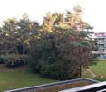 Balcony overlooking a green lawn and trees, with neighboring apartment buildings in the background.