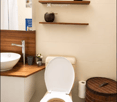 Modern bathroom with a white toilet, wooden vanity with a sink and faucet, wooden shelves with decorative items, and a small potted plant on the counter.