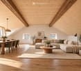 Bright, airy living and dining area with exposed wooden beams, large windows, a sectional sofa, coffee table, dining table with chairs, and decorative vases.