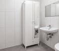 Modern white bathroom with a sink, mirror, cabinet, and toilet. The walls and floor are tiled in white and grey.