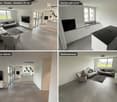 Modern open-plan living and dining area with grey sofa, armchair, coffee table, TV, and a sleek kitchen with island, sink, and pendant lights.