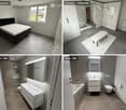 Modern bedroom with a large bed, nightstand, and large windows offering a view of the outdoors.