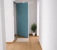 Empty hallway, white walls, wooden floor, circular ceiling lamp, blue door.