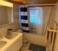 Bathroom with a sink, toilet, bathtub, and shower curtain. Includes a mirror, towel rack, and personal care items on the sink.